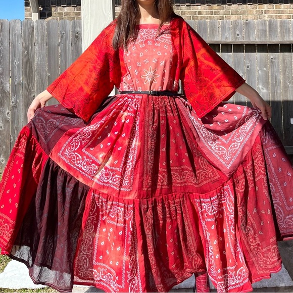 Handmade Dresses & Skirts - Handmade Earthy Voluminous Maxi Bandana Dress SKU 02265 Red Rose